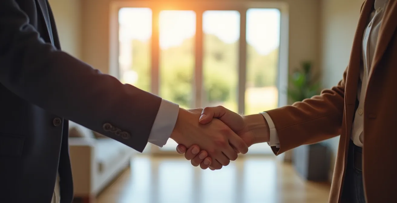 Poignée de main chaleureuse entre agent immobilier et couple dans l'entrée d'une maison
