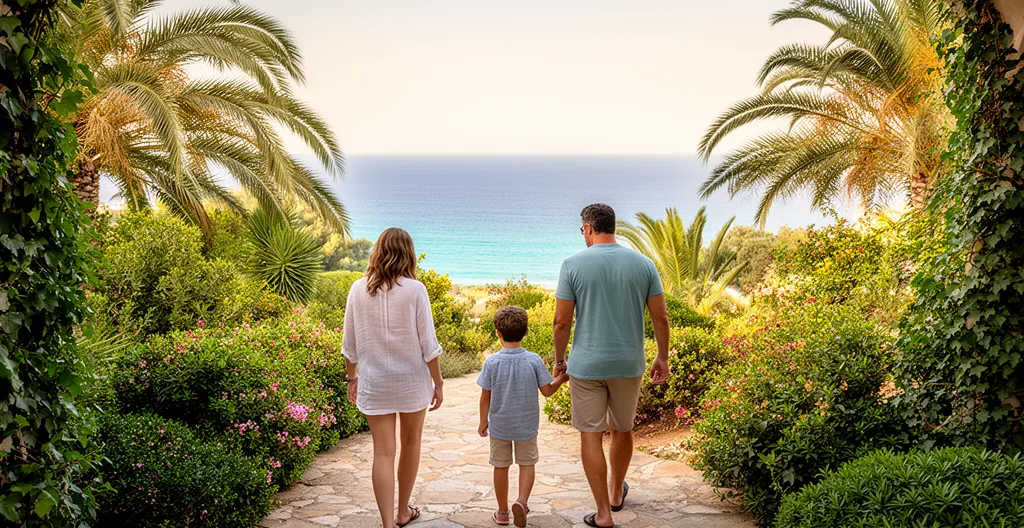 Famille se promenant dans les jardins de Monaco avec vue mer