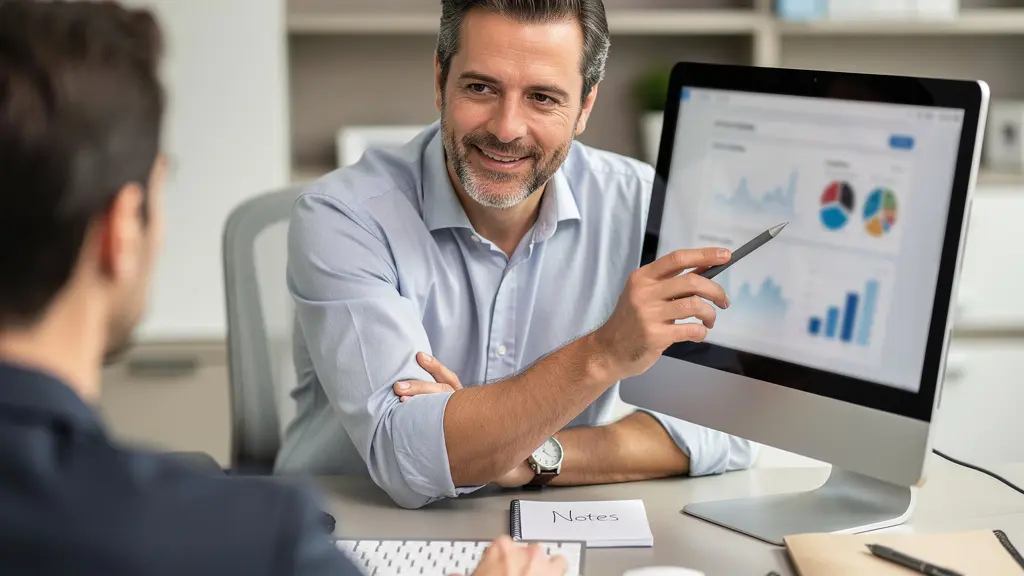 Conseiller en financement immobilier présentant une analyse de taux sur écran