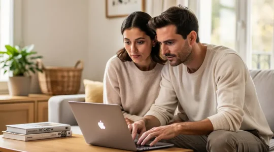 Couple trentenaire analysant un crédit immobilier sur ordinateur dans leur salon