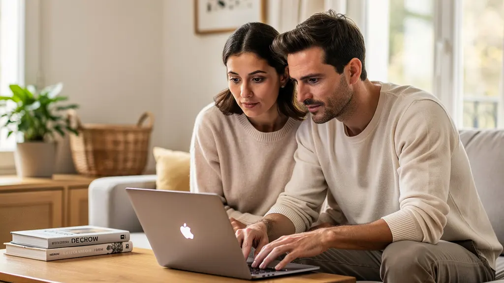 Couple trentenaire analysant un crédit immobilier sur ordinateur dans leur salon