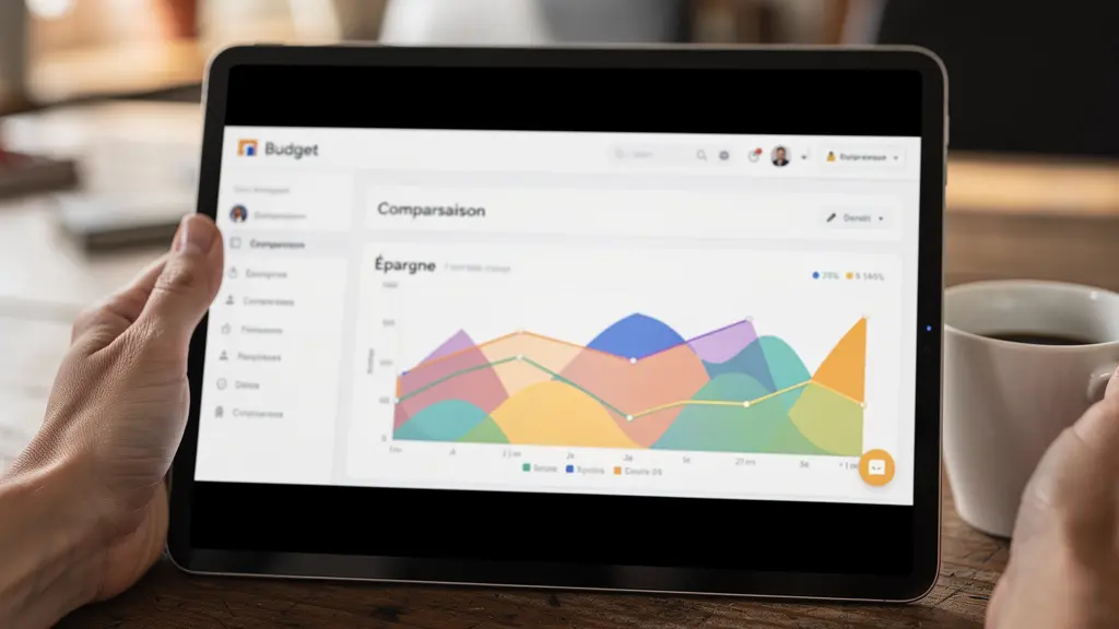 Tablette affichant une interface de comparaison de taux immobiliers sur table