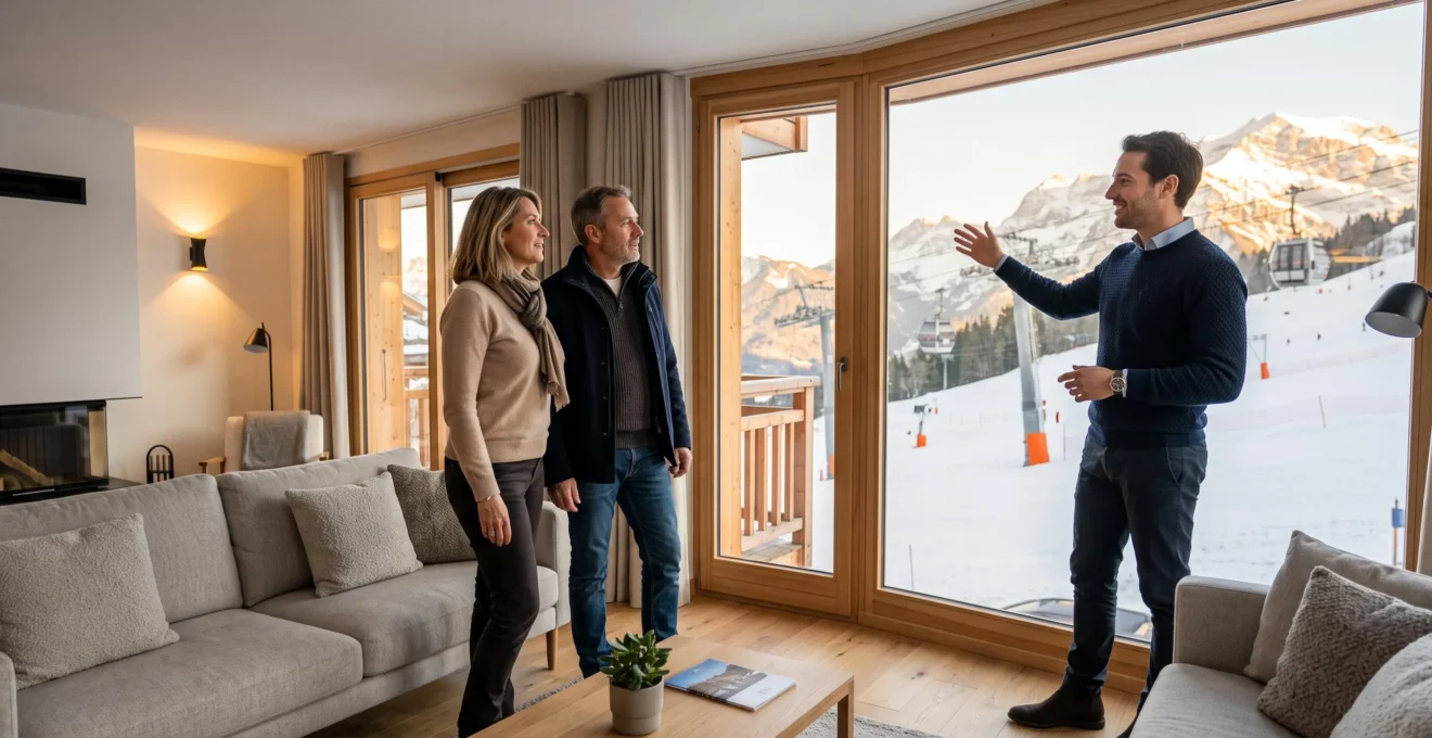 Agent immobilier présentant la vue sur les pistes de ski depuis la baie vitrée d'un appartement à Samoëns lors d'une visite avec un couple d'acheteurs