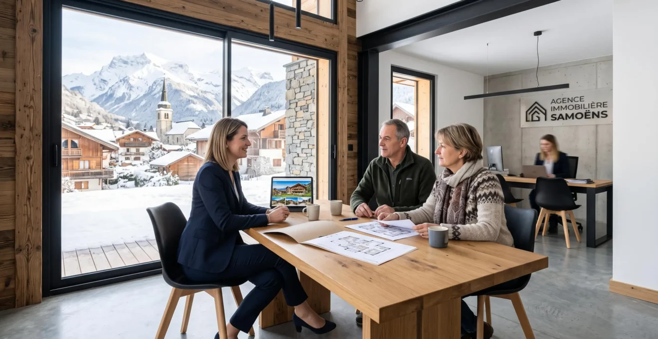 Conseillère immobilière en rendez-vous avec un couple de clients dans une agence à Samoëns, avec vue sur le village montagnard et les massifs enneigés par la vitrine