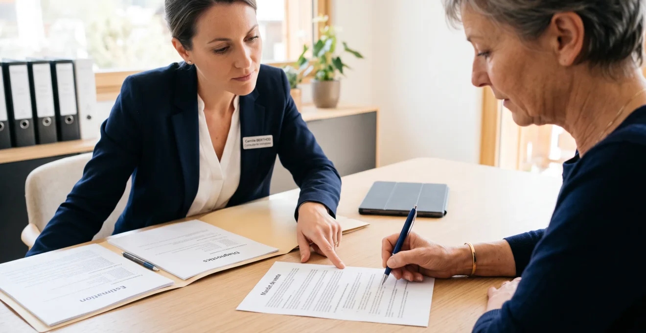 Propriétaire signant un mandat de vente immobilière avec une conseillère d'agence qui pointe une clause du contrat sur la table