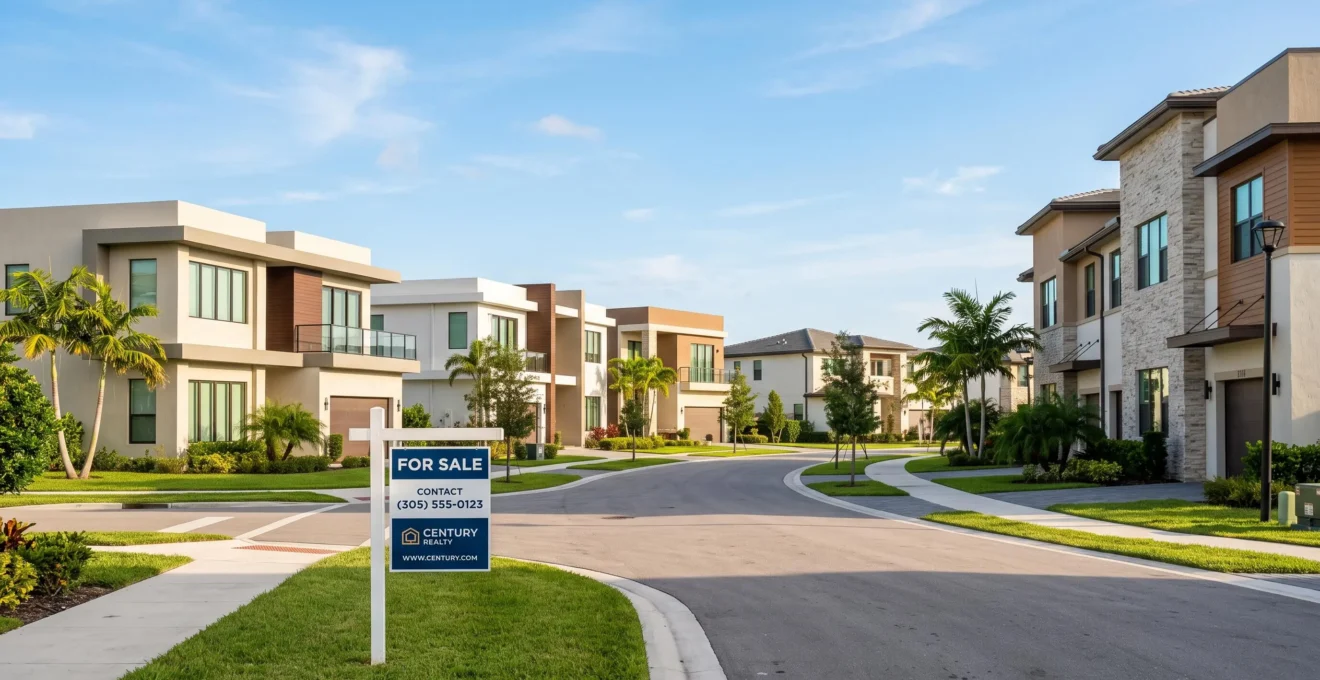 Quartier résidentiel américain moderne avec maisons individuelles et townhouses, panneau de vente immobilière au premier plan