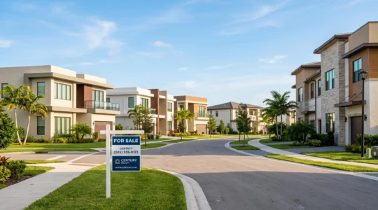 Quartier résidentiel américain moderne avec maisons individuelles et townhouses, panneau de vente immobilière au premier plan