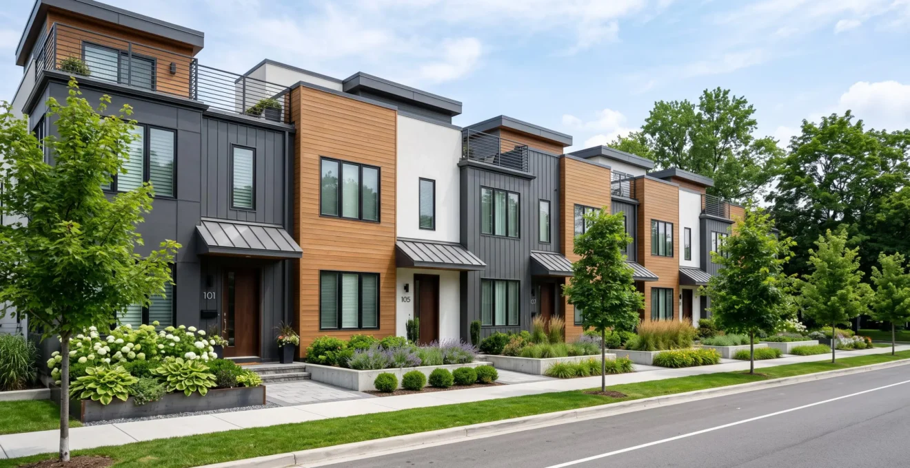 Rangée de townhouses modernes avec entrées individuelles et jardins privés