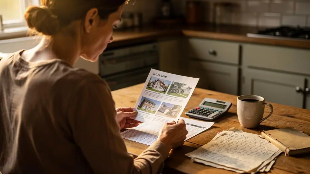 Une femme compare des annonces immobilières imprimées et son budget à la table de la cuisine.