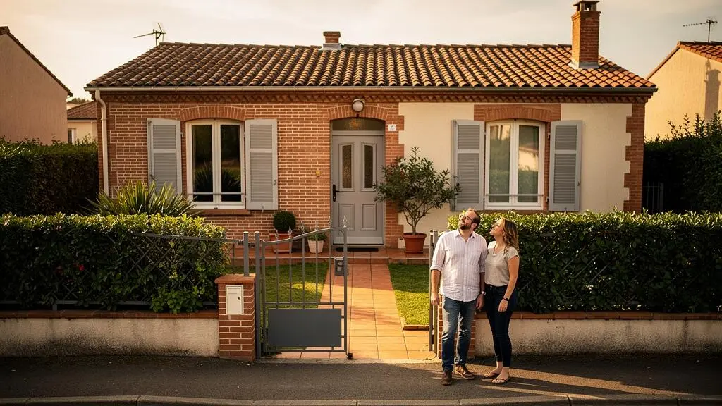 Un couple observe la façade d'une maison avec jardin dans une rue résidentielle de Tournefeuille.