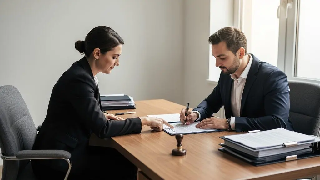 Un acquéreur signe un document à l'étude du notaire, plume posée sur le bureau.